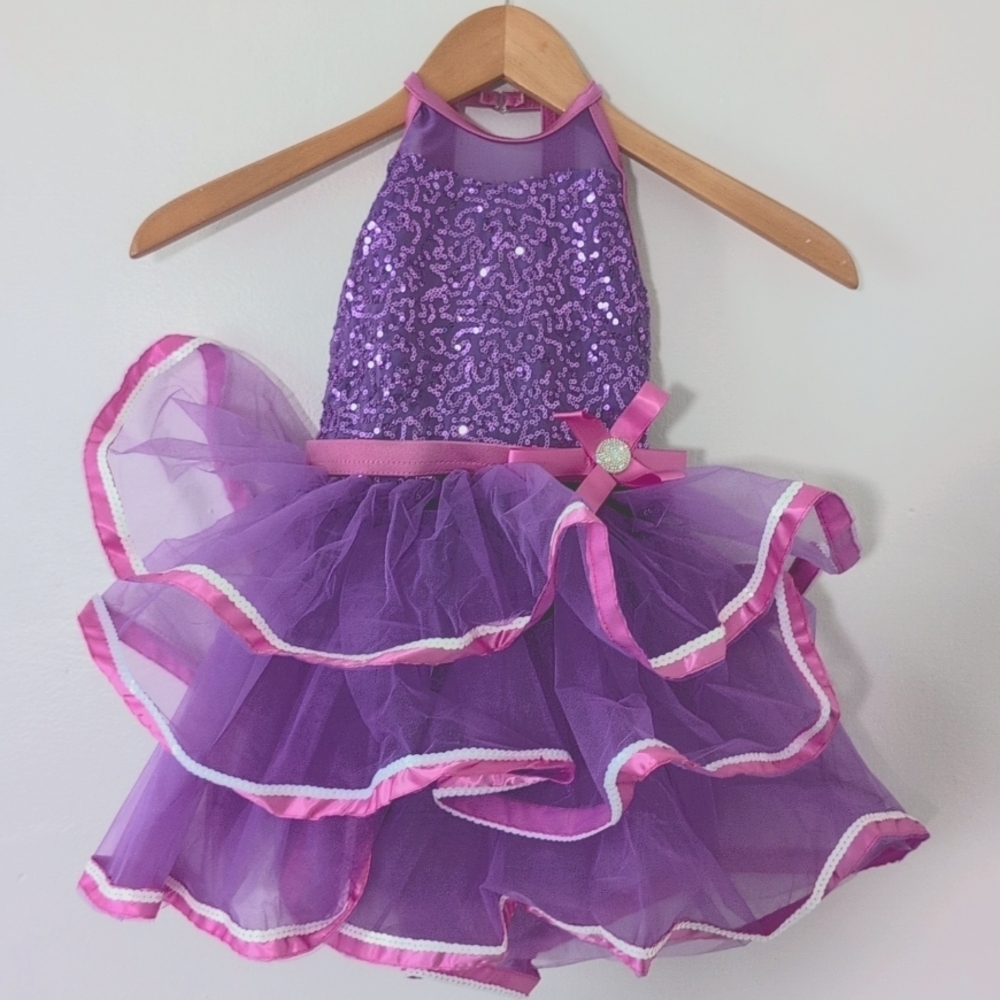 New Weissman Purple Pink Sequin Tutu Dance Costume Ruffle Skirt Halter Top Xs